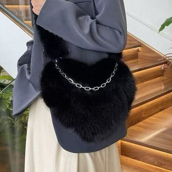 Fluffy Faux Fur Heart Shoulder Bag with Chain