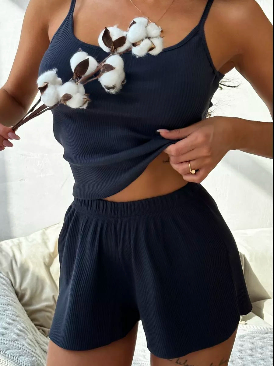 Ribbed Cami And Shorts Pajama Set - DarkBlue
