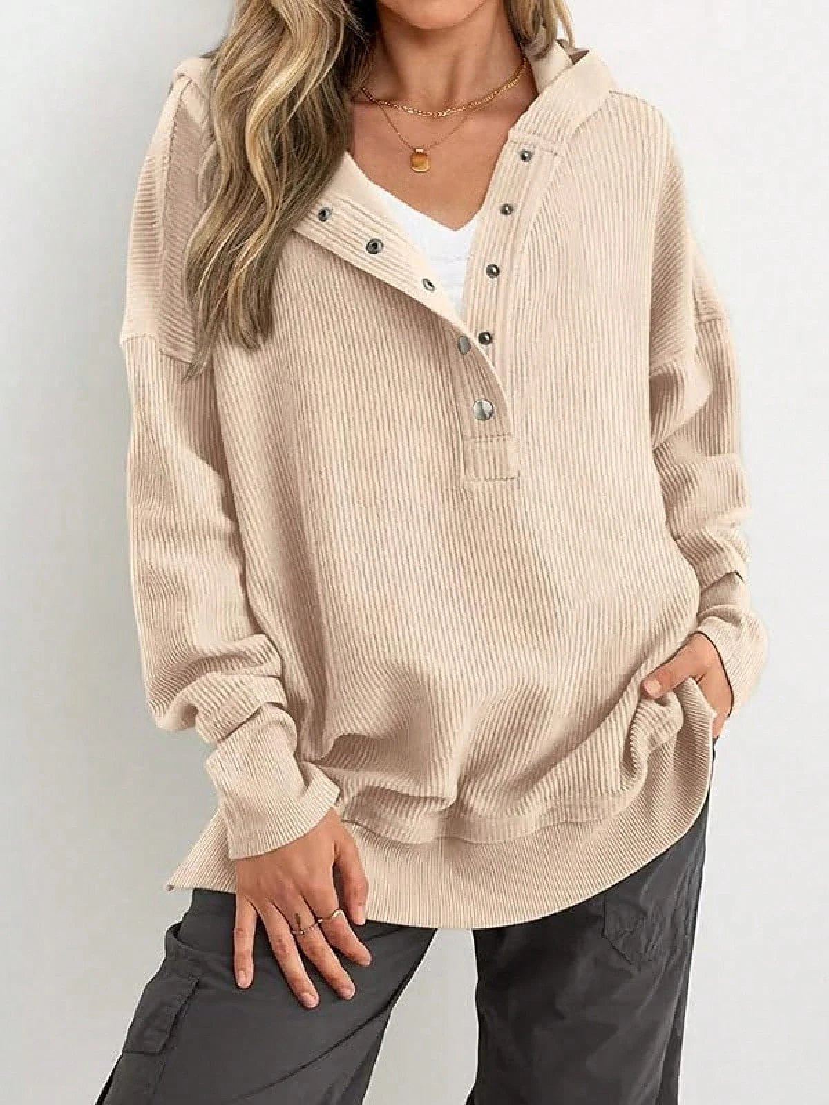 Ribbed Button Henley Oversized Hoodie - Apricot