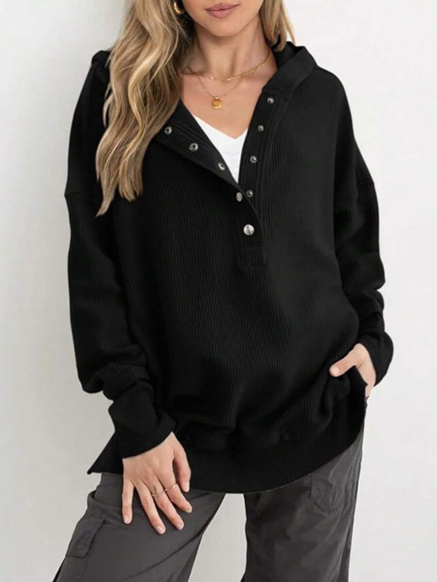 Ribbed Button Henley Oversized Hoodie - Black