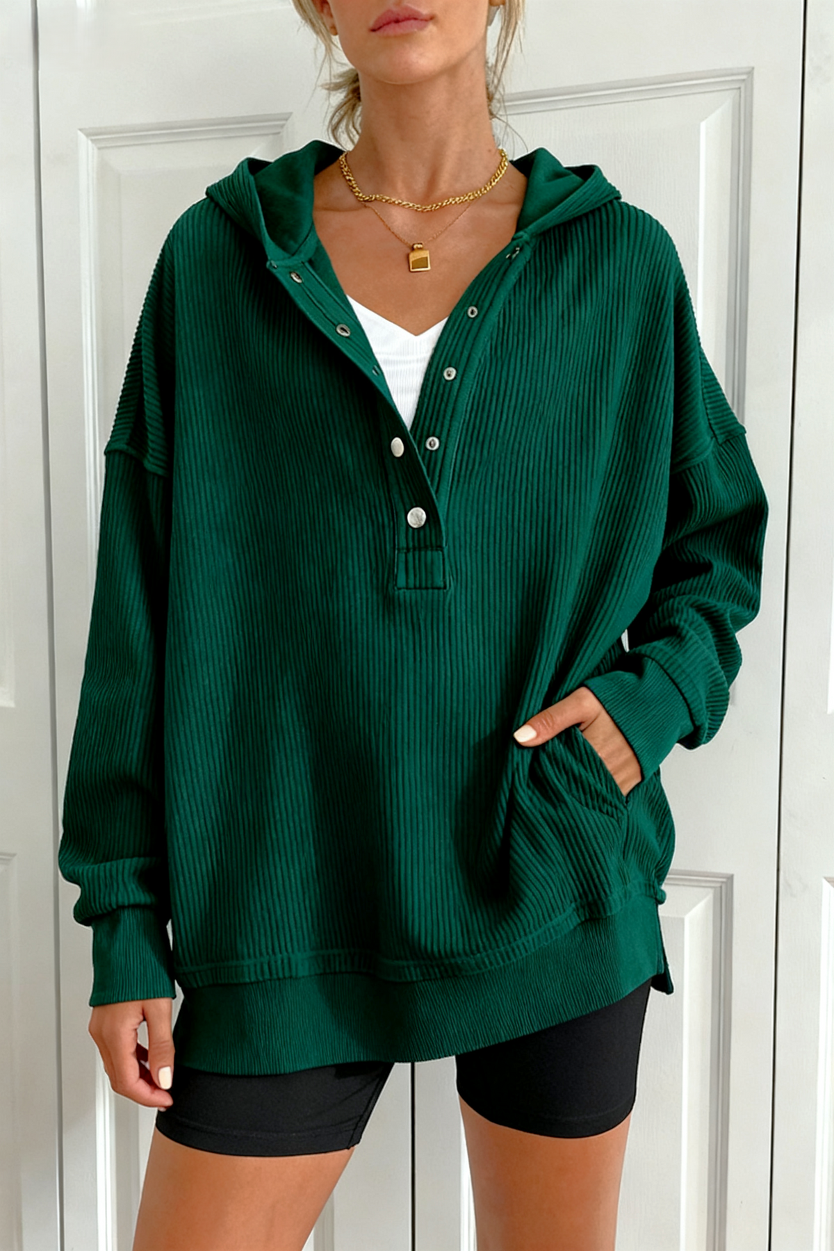 Ribbed Button Henley Oversized Hoodie - DkGreen