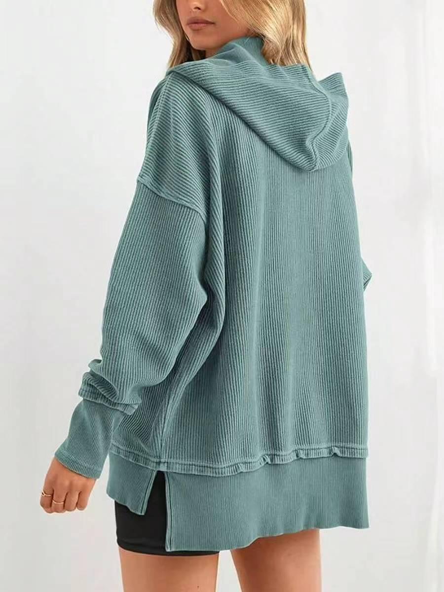 Ribbed Button Henley Oversized Hoodie - Green - 1
