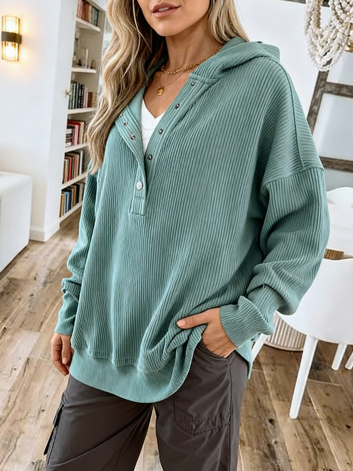 Ribbed Button Henley Oversized Hoodie - Green - 2