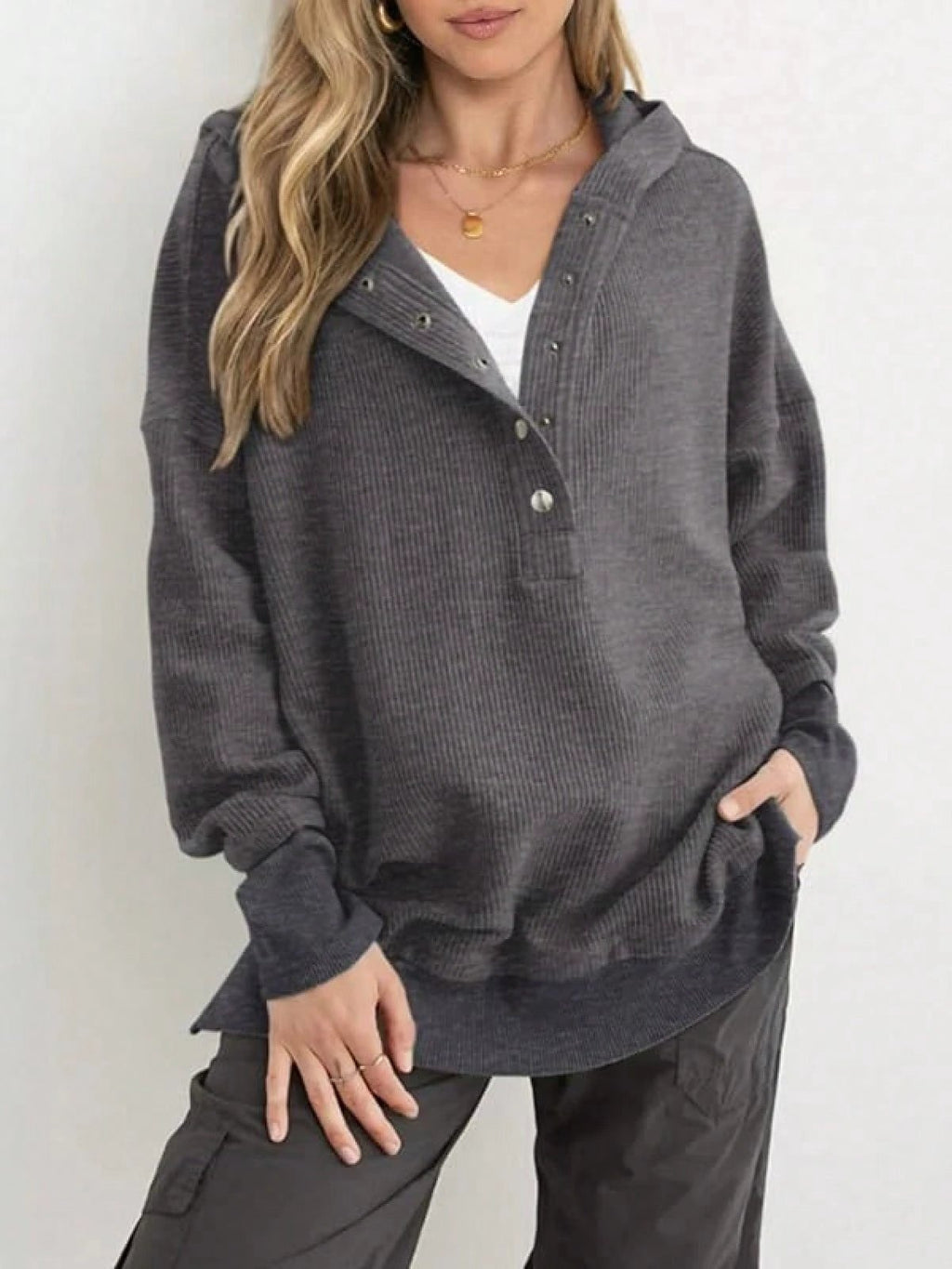 Ribbed Button Henley Oversized Hoodie - Grey