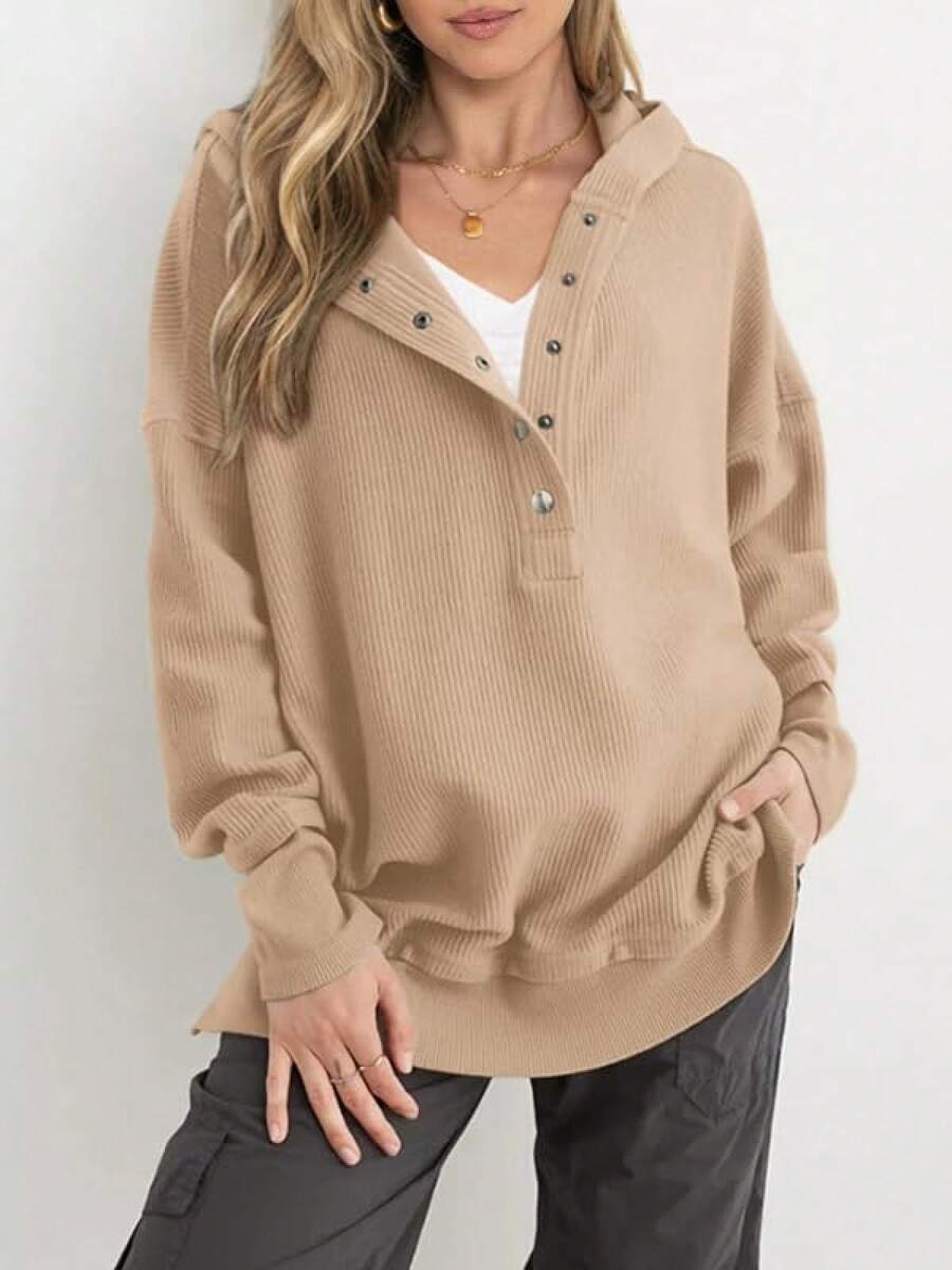 Ribbed Button Henley Oversized Hoodie - Khaki