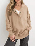 Ribbed Button Henley Oversized Hoodie - Khaki