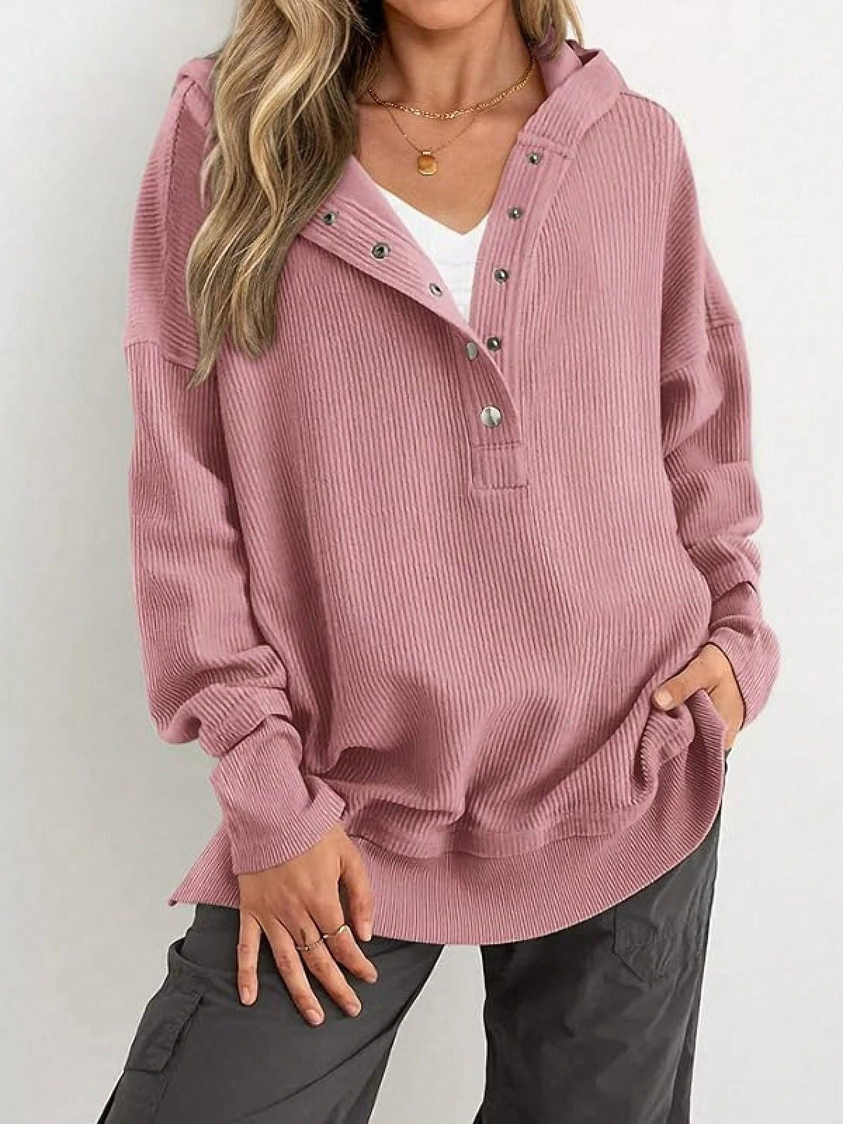 Ribbed Button Henley Oversized Hoodie - Peach