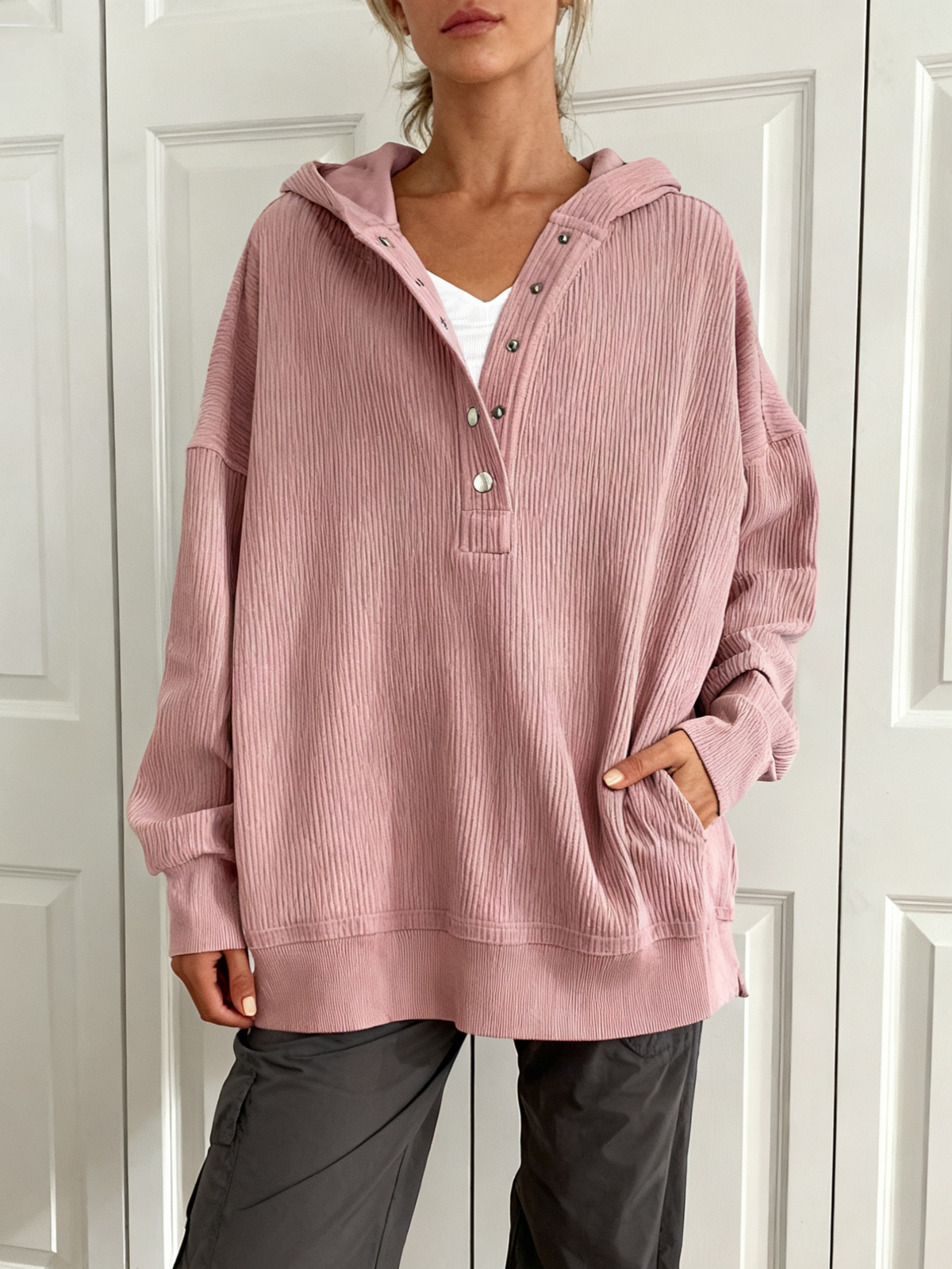 Ribbed Button Henley Oversized Hoodie - Peach - 1