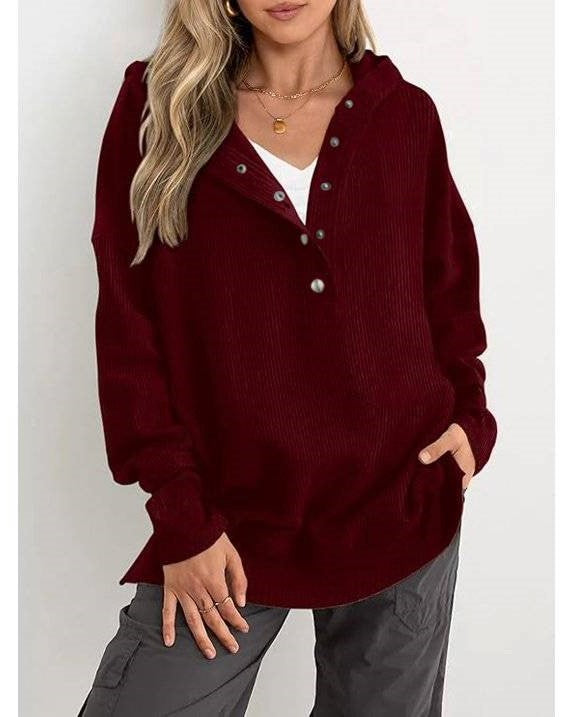 Ribbed Button Henley Oversized Hoodie - WineRed