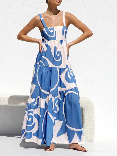 Abstract Swirl Print Tiered Maxi Dress - Blue