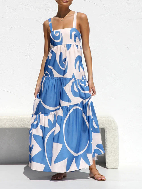 Abstract Swirl Print Tiered Maxi Dress