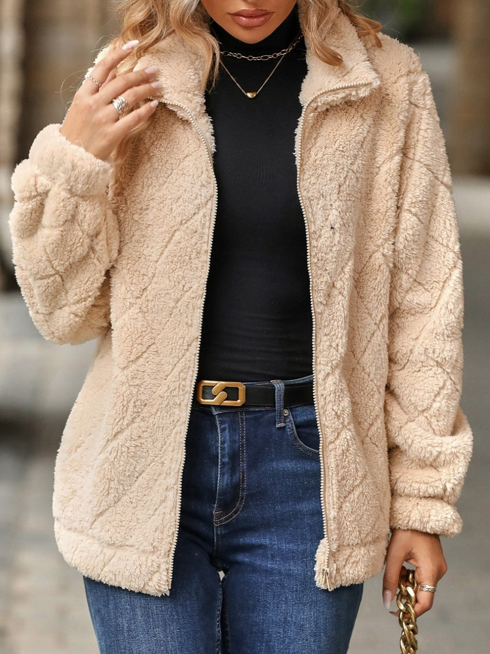 Diamond Quilted Teddy Zip Up Coat - Almond