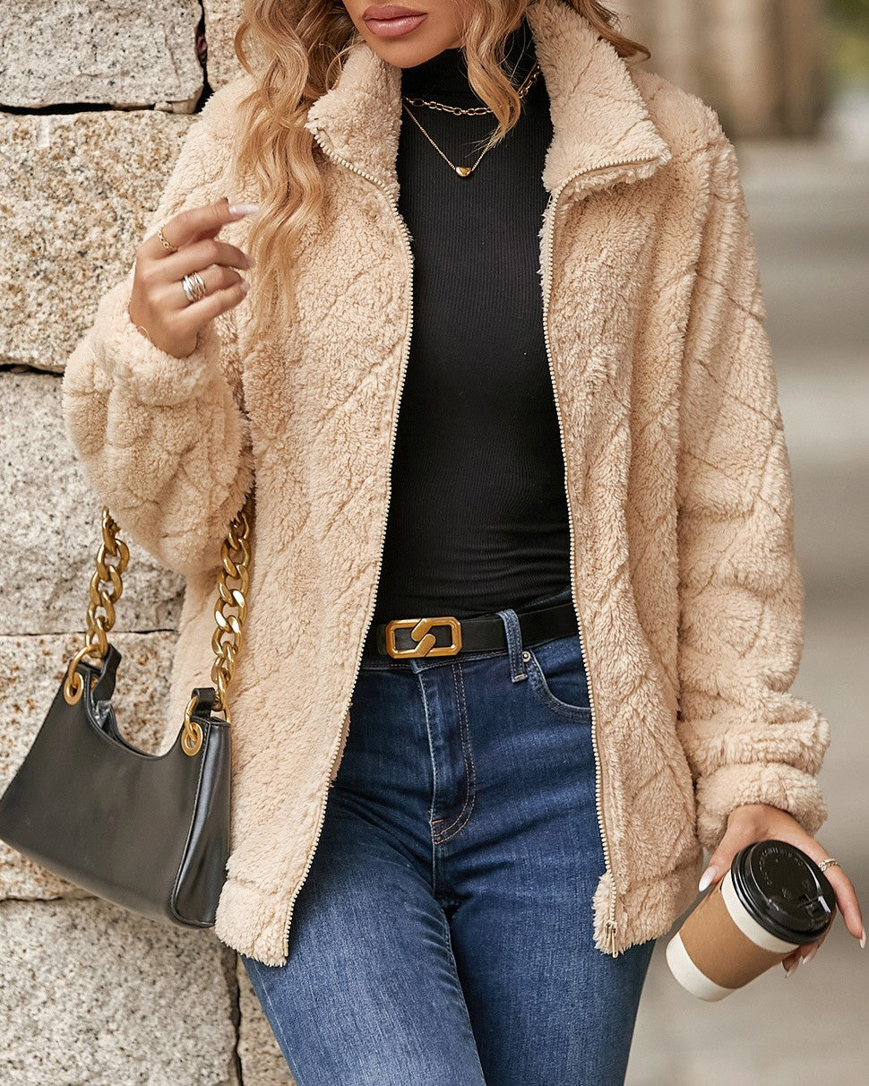 Diamond Quilted Teddy Zip Up Coat - Almond - 2