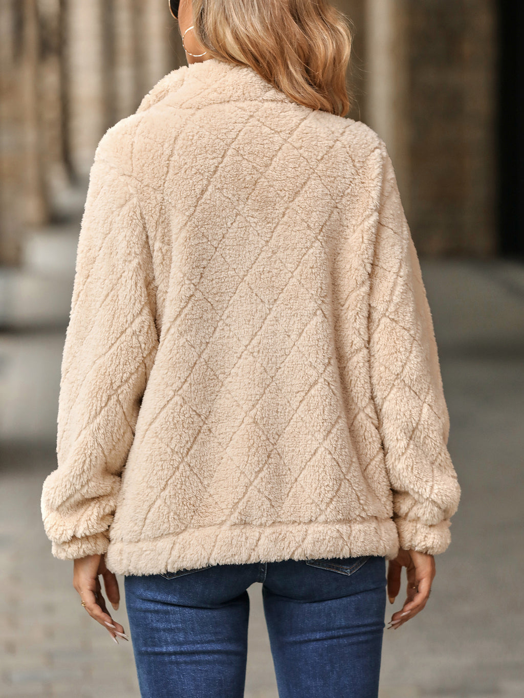 Diamond Quilted Teddy Zip Up Coat - Almond - 3