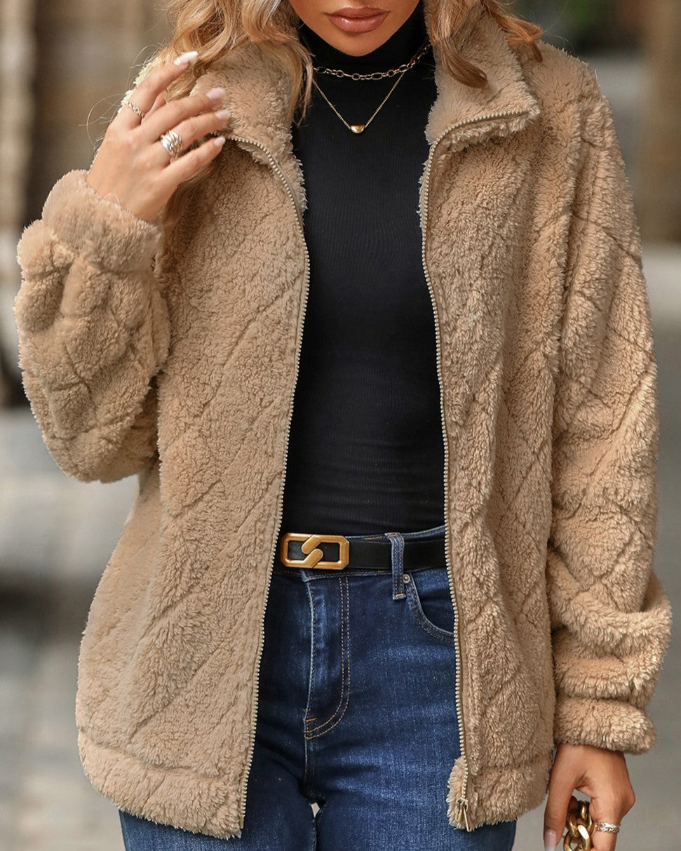 Diamond Quilted Teddy Zip Up Coat - Khaki