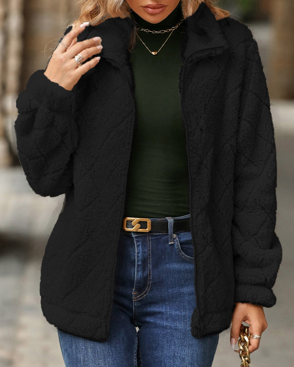 Diamond Quilted Teddy Zip Up Coat - black