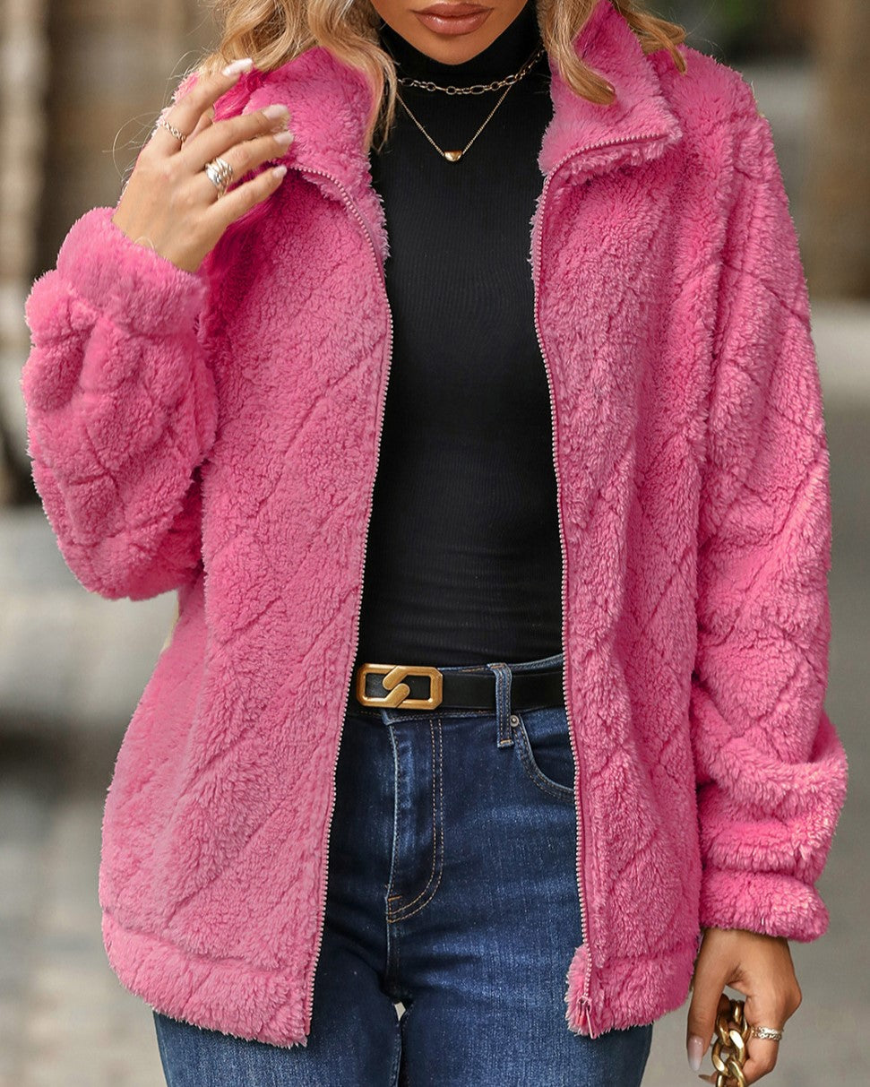 Diamond Quilted Teddy Zip Up Coat - pink