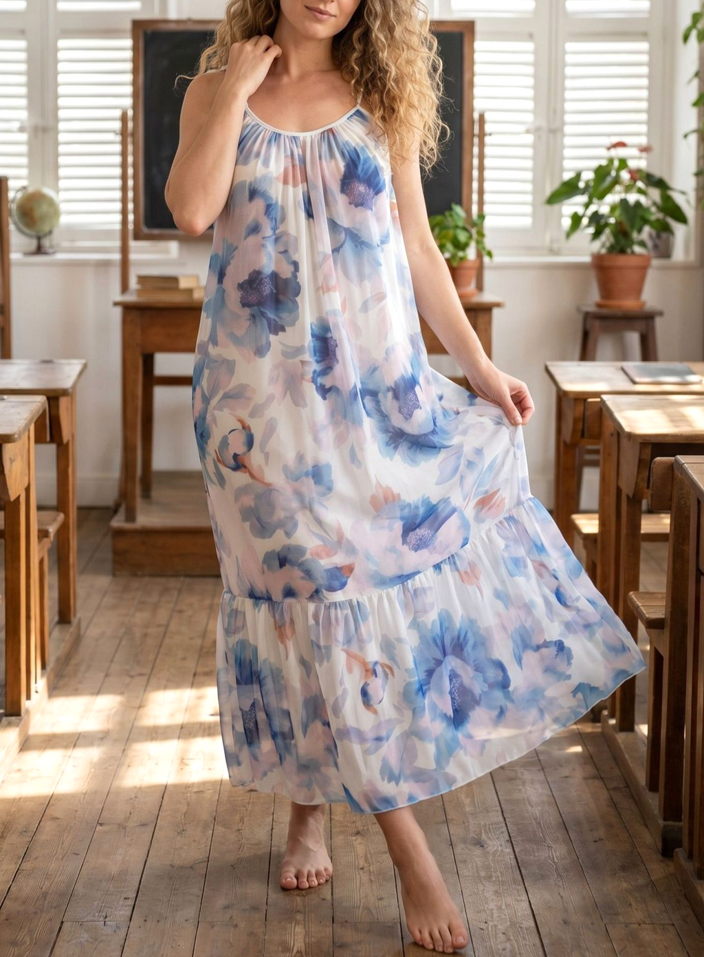 Watercolor Floral Tiered Maxi Nightgown - Blue - 5