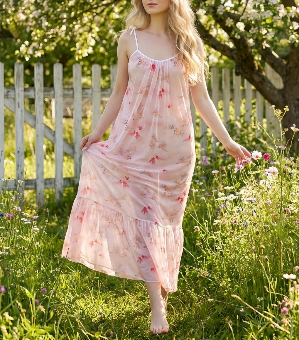 Watercolor Floral Tiered Maxi Nightgown - Pink