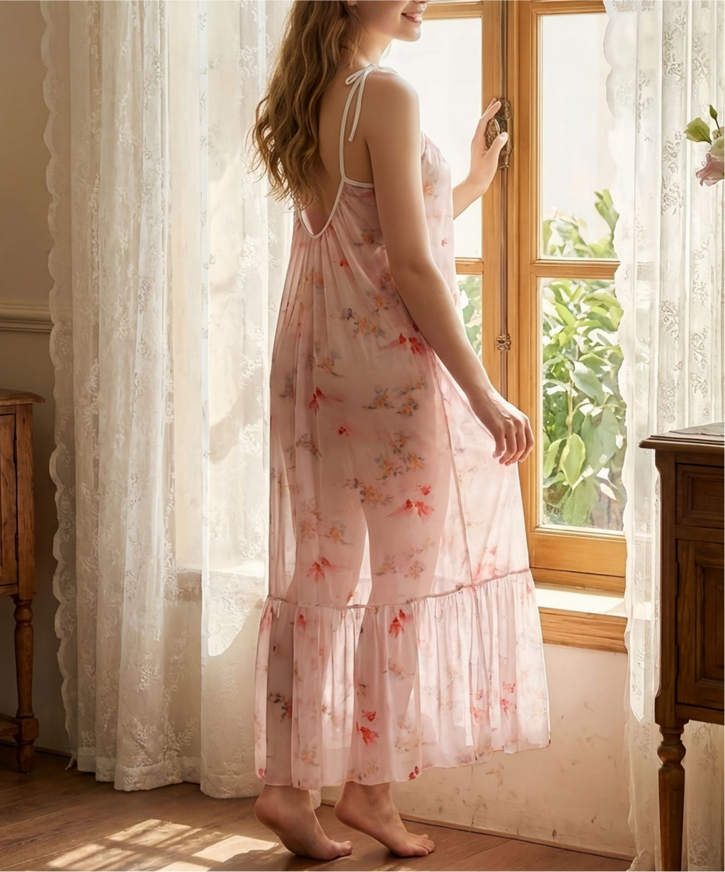 Watercolor Floral Tiered Maxi Nightgown - Pink - 2