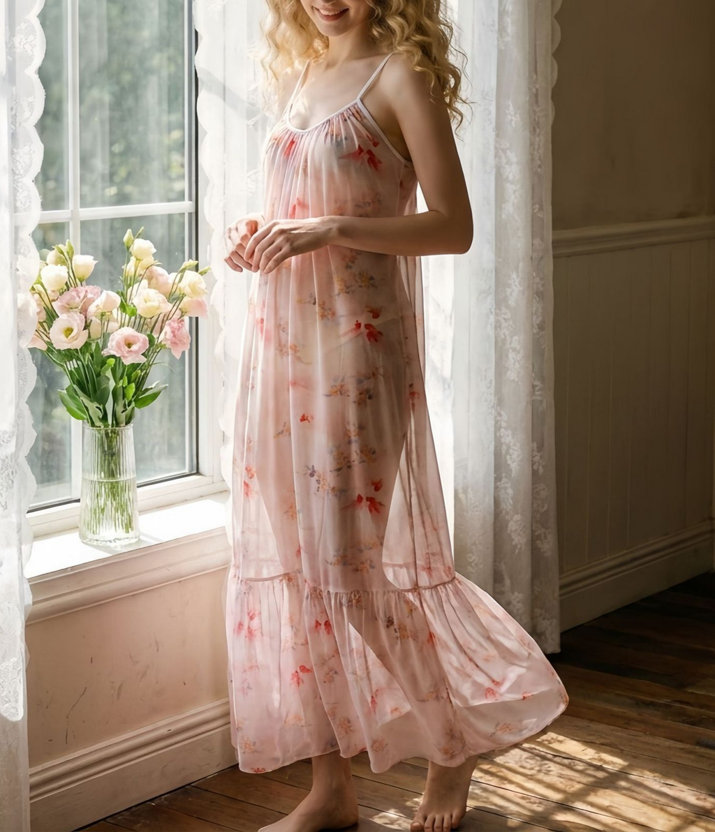Watercolor Floral Tiered Maxi Nightgown - Pink - 3