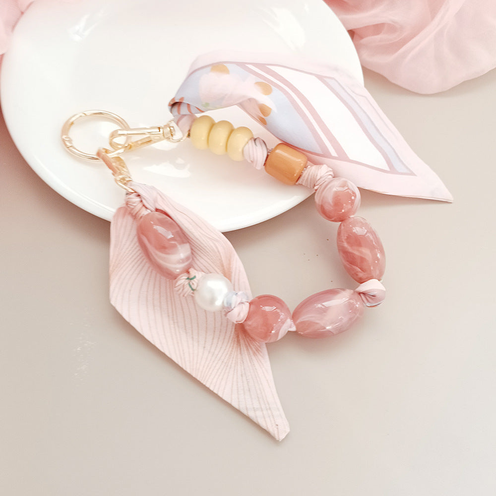 Scarf Tie Beaded Wristlet Keychain - Pink