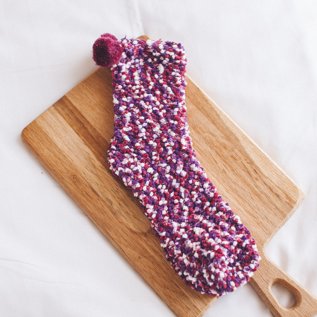 Fluffy Pom Pom Cupcake Gift Socks - Purple