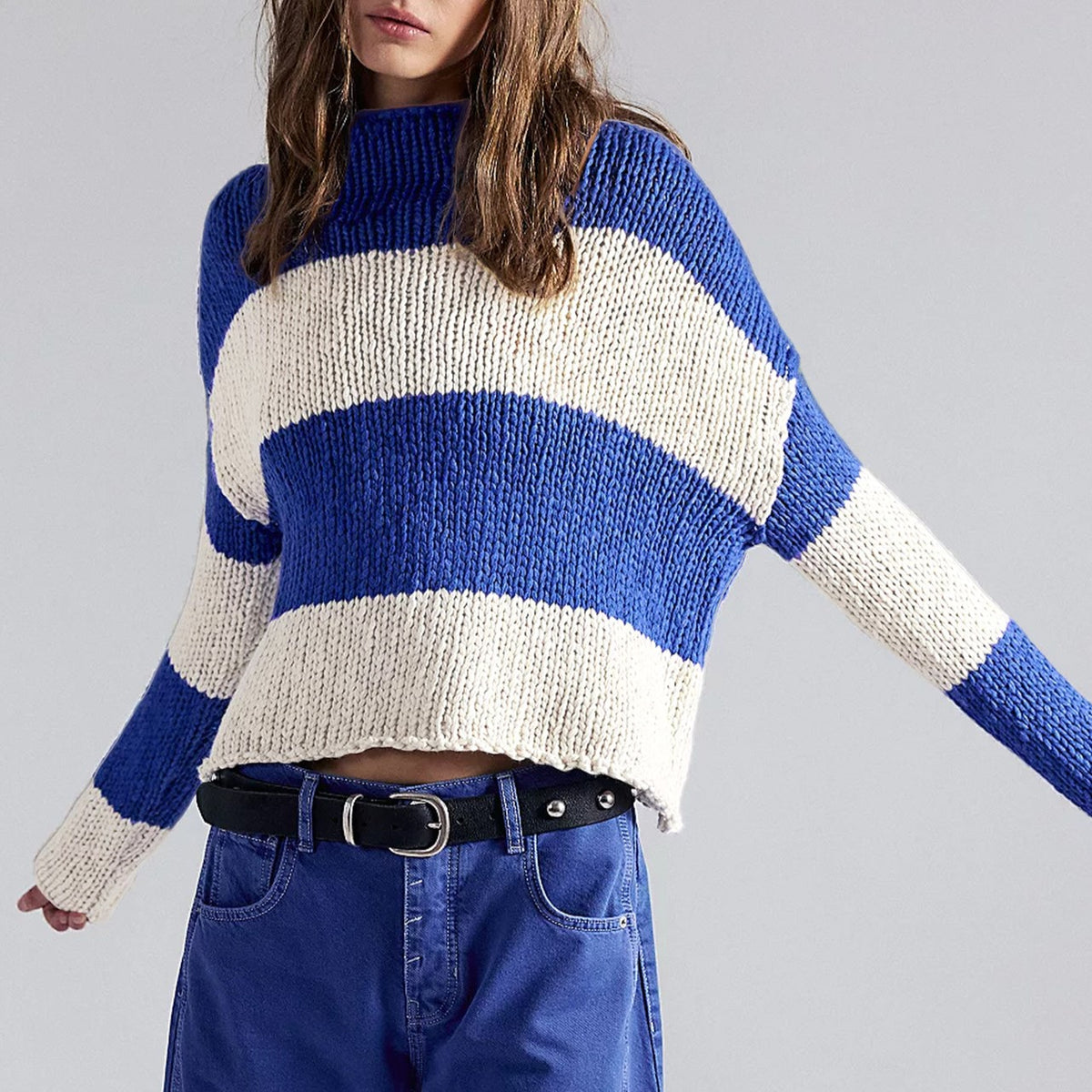 Y2K Chunky Stripe Mock Neck Sweater - Blue