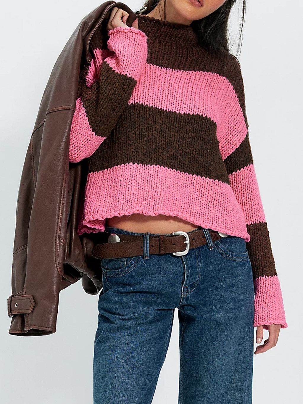 Y2K Chunky Stripe Mock Neck Sweater - Coffee