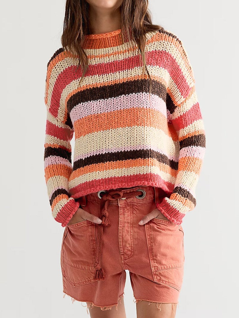 Y2K Chunky Stripe Mock Neck Sweater - Orange
