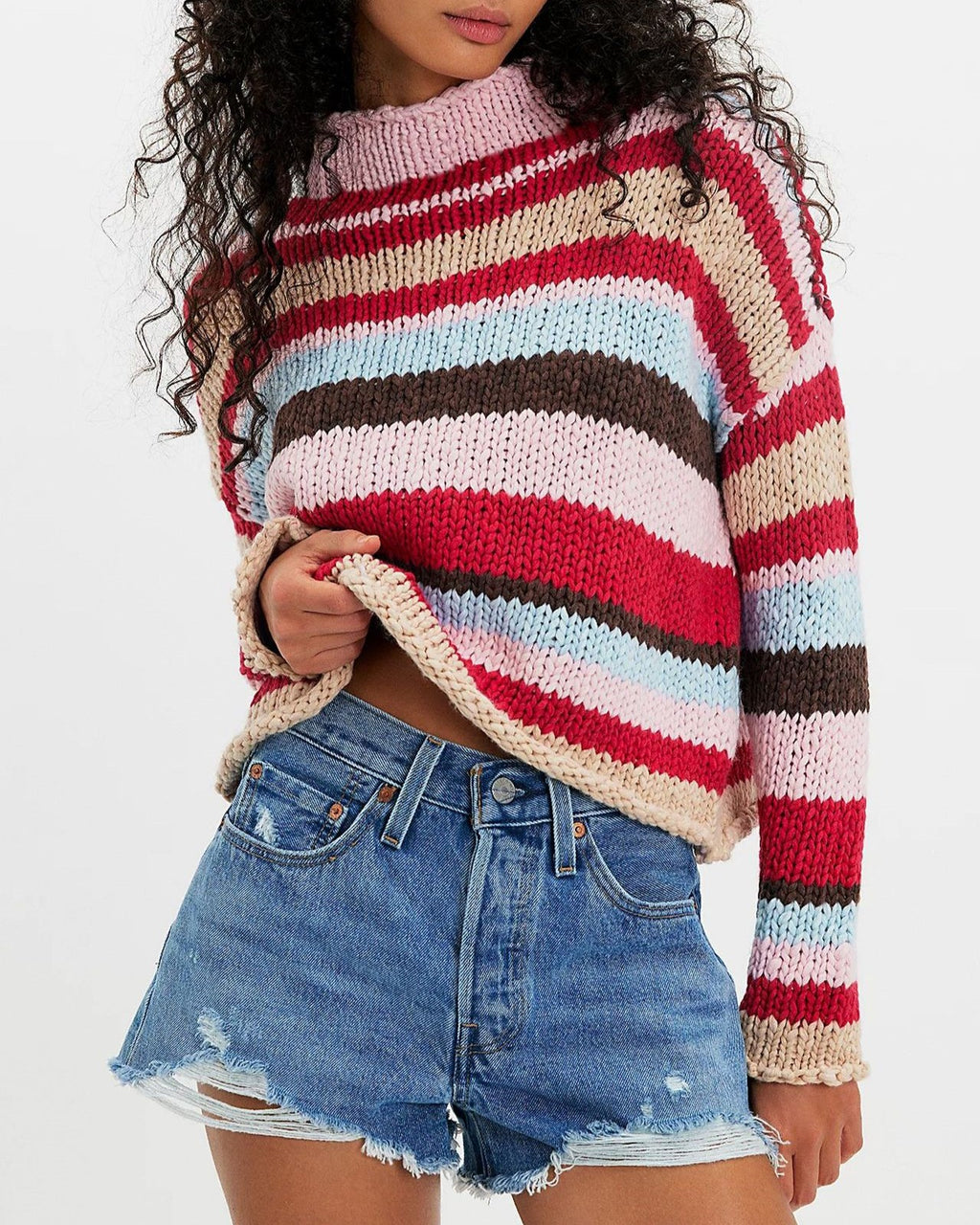 Y2K Chunky Stripe Mock Neck Sweater - Pink