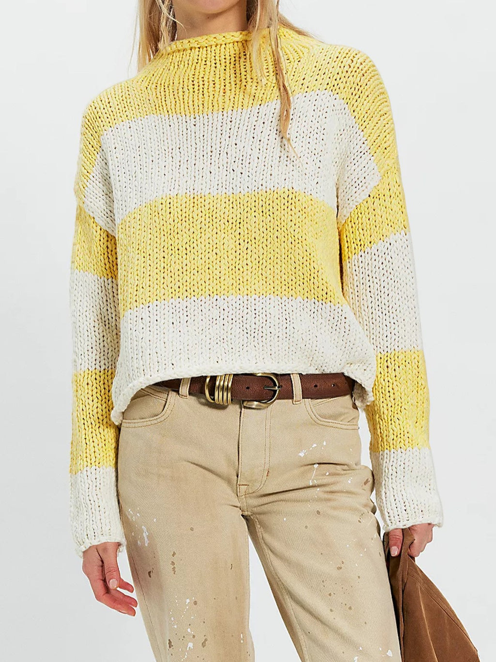 Y2K Chunky Stripe Mock Neck Sweater - Yellow