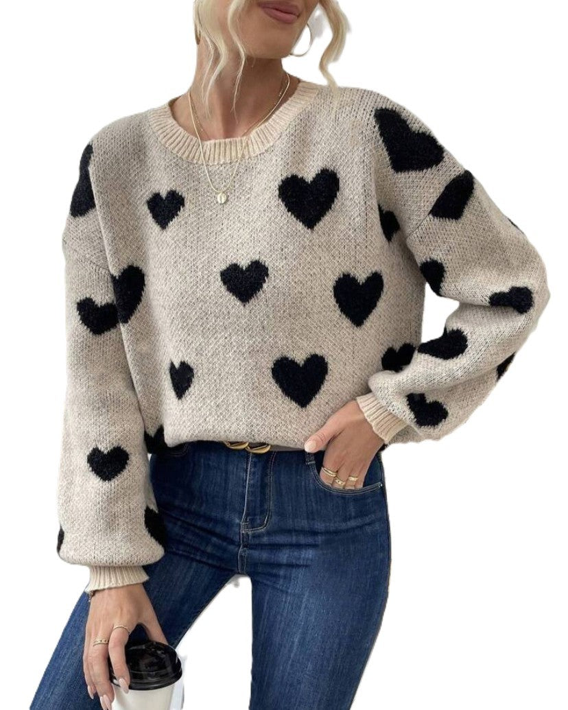 Fuzzy Heart Pattern Crewneck Knit Sweater - Khaki