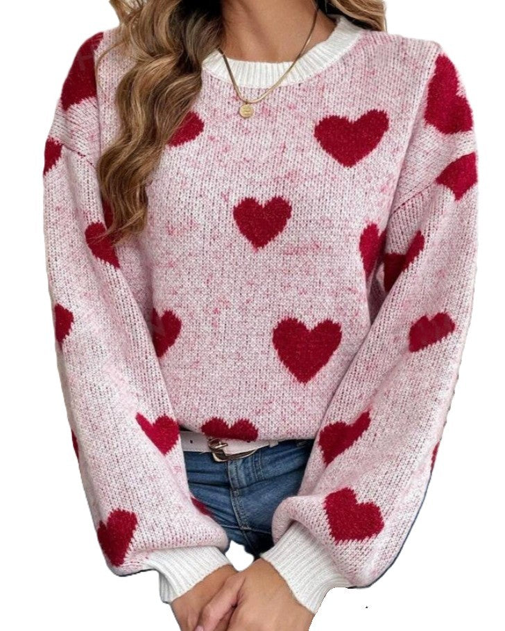 Fuzzy Heart Pattern Crewneck Knit Sweater - Pink - 1