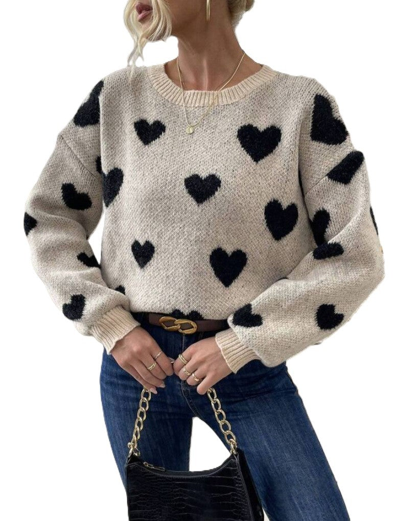 Fuzzy Heart Pattern Crewneck Knit Sweater - Pink - 2
