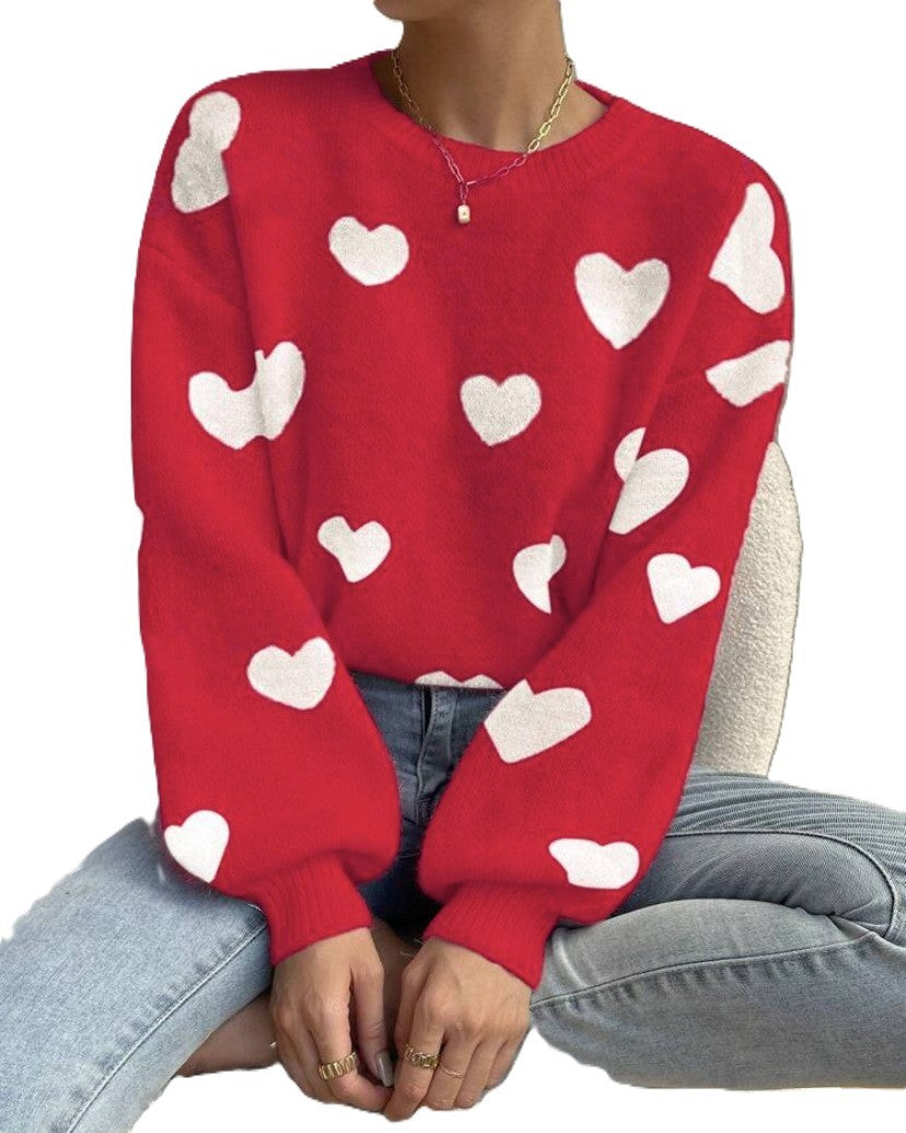 Fuzzy Heart Pattern Crewneck Knit Sweater - Red