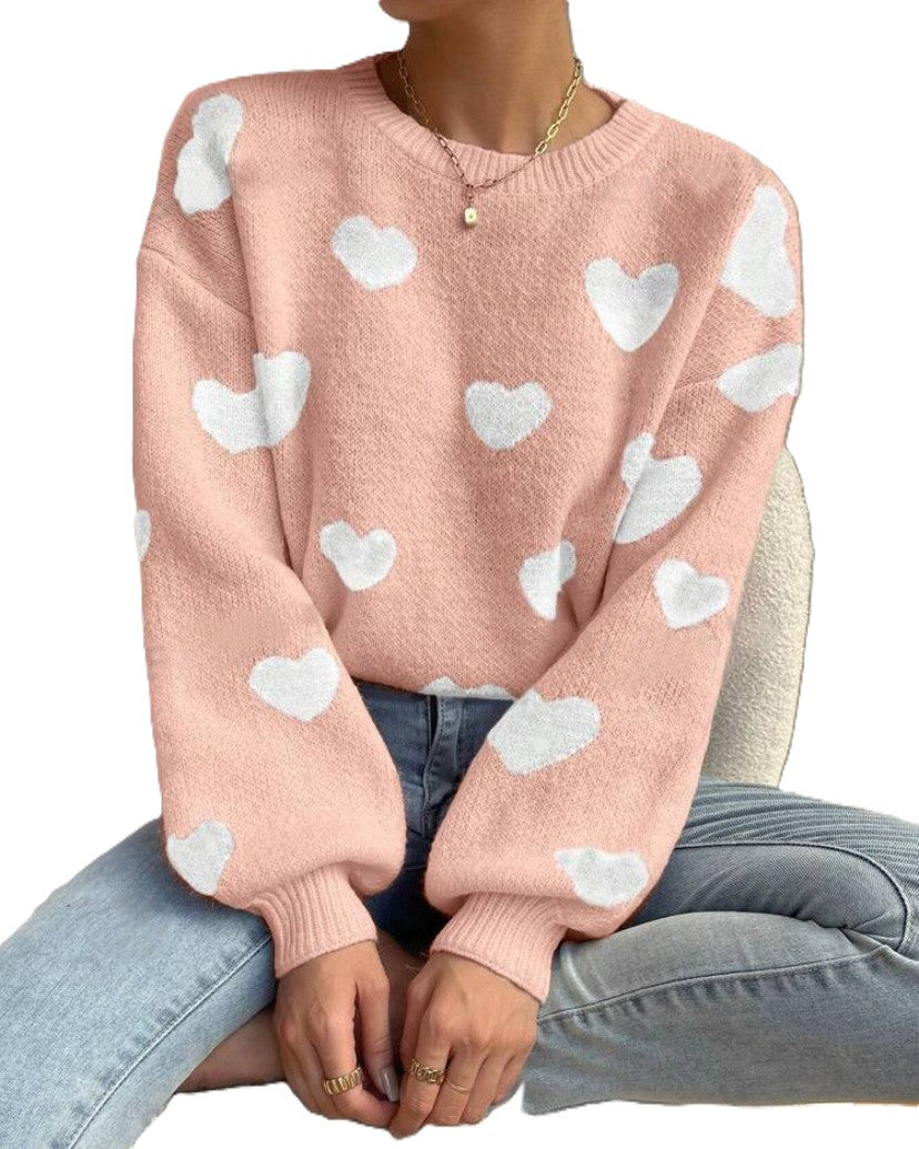 Fuzzy Heart Pattern Crewneck Knit Sweater - White