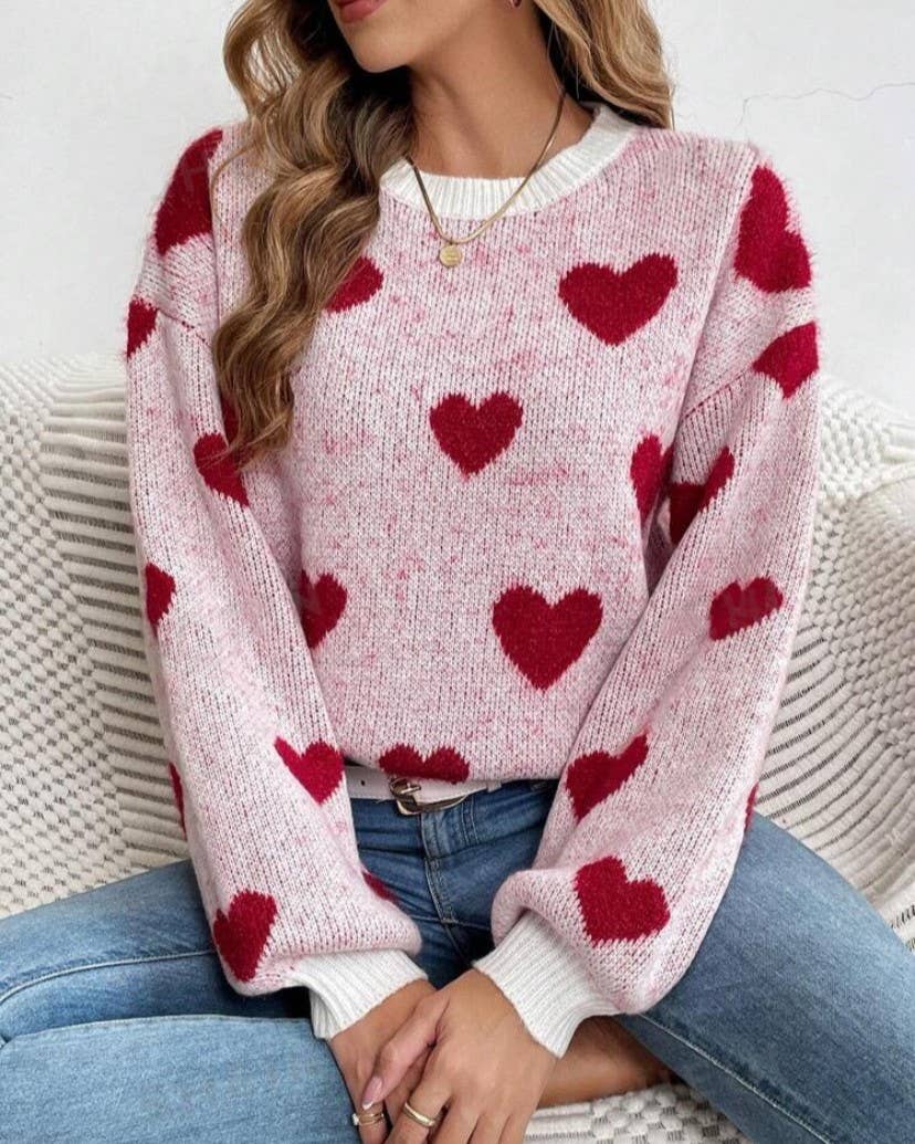 Fuzzy Heart Pattern Crewneck Knit Sweater