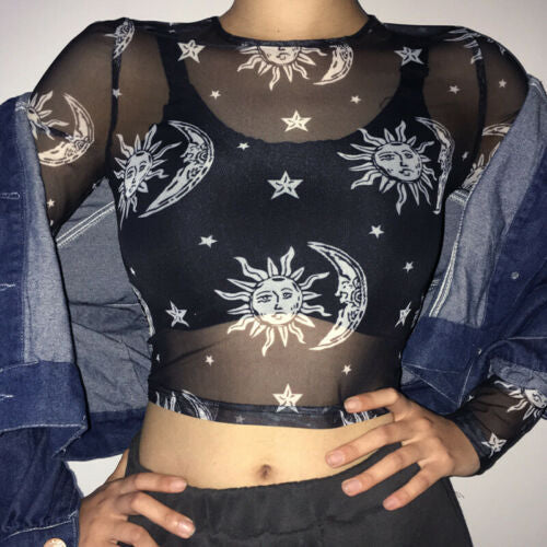 Celestial Print Sheer Mesh Top - Black - 1