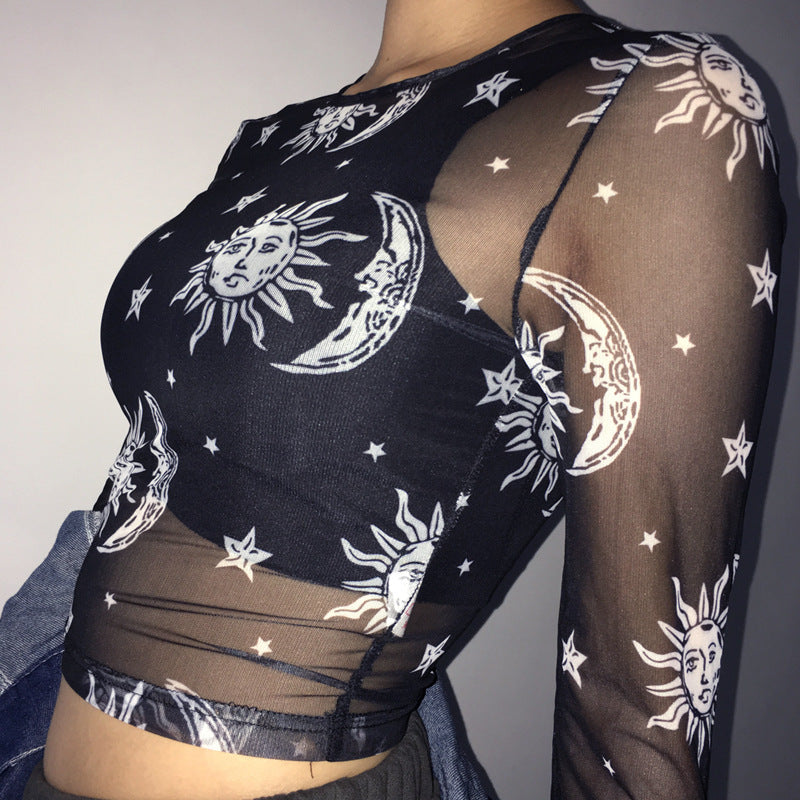 Celestial Print Sheer Mesh Top - Black - 2