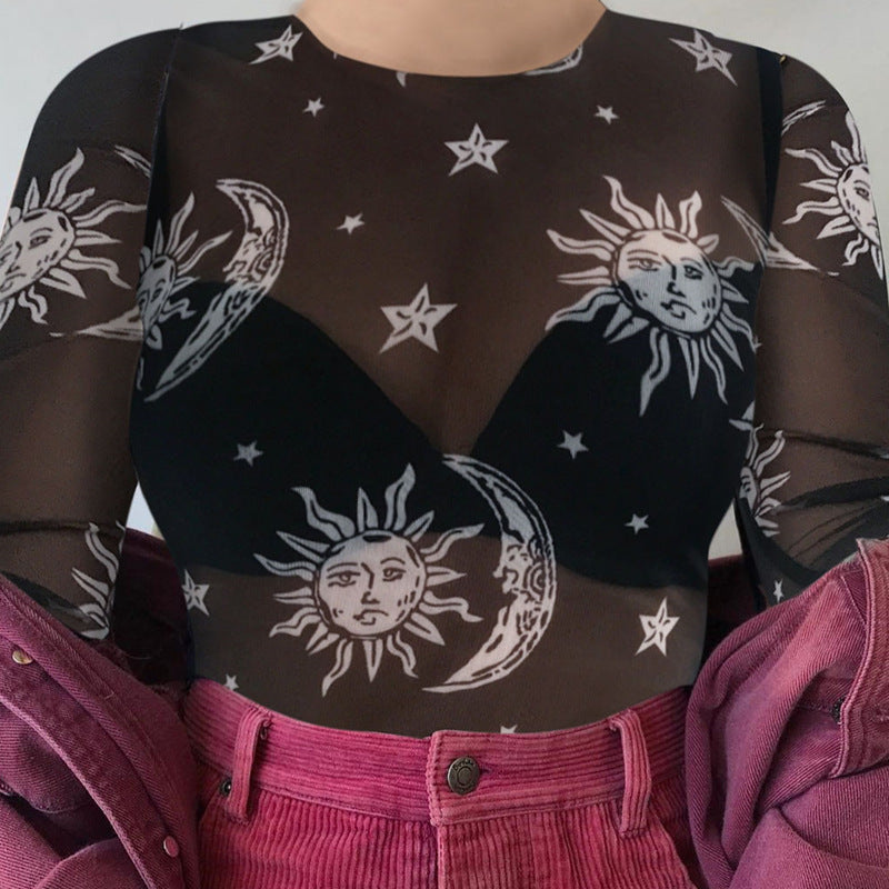 Celestial Print Sheer Mesh Top - Black - 3