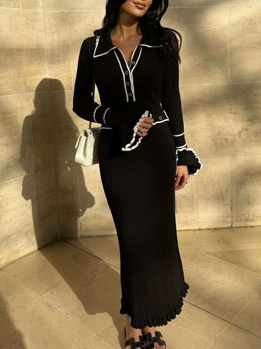 Contrast Piped Ribbed Knit Maxi Dress - Black