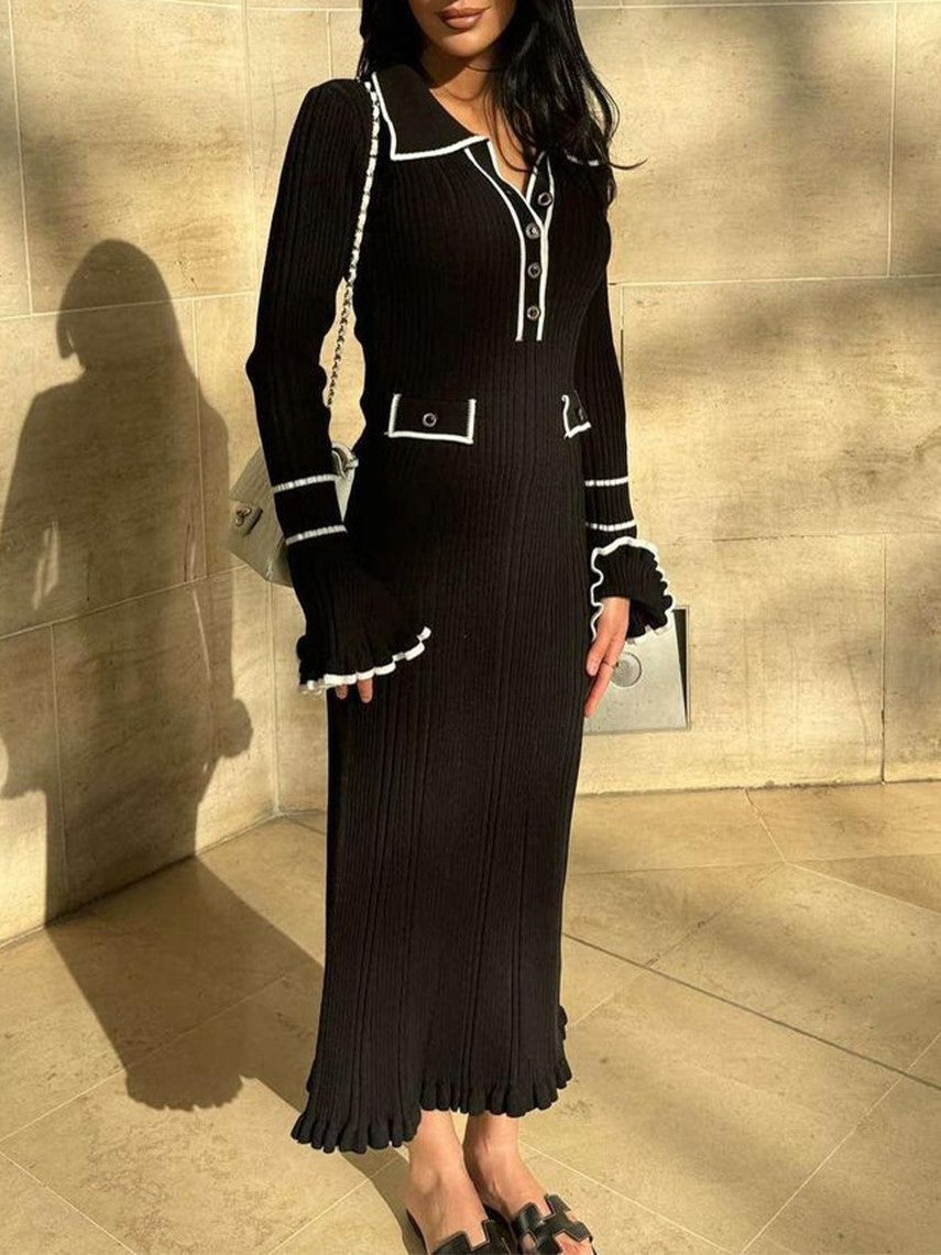 Contrast Piped Ribbed Knit Maxi Dress - Black - 1