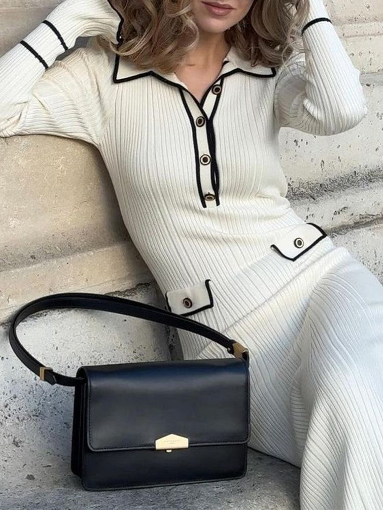 Contrast Piped Ribbed Knit Maxi Dress - White - 2