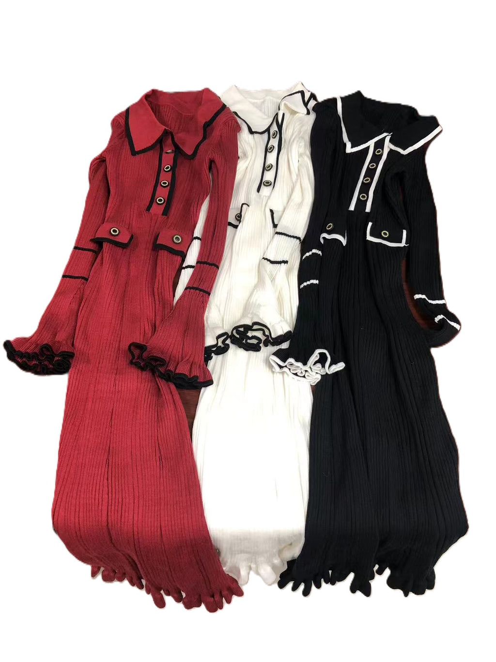 Contrast Piped Ribbed Knit Maxi Dress - Winered - 1