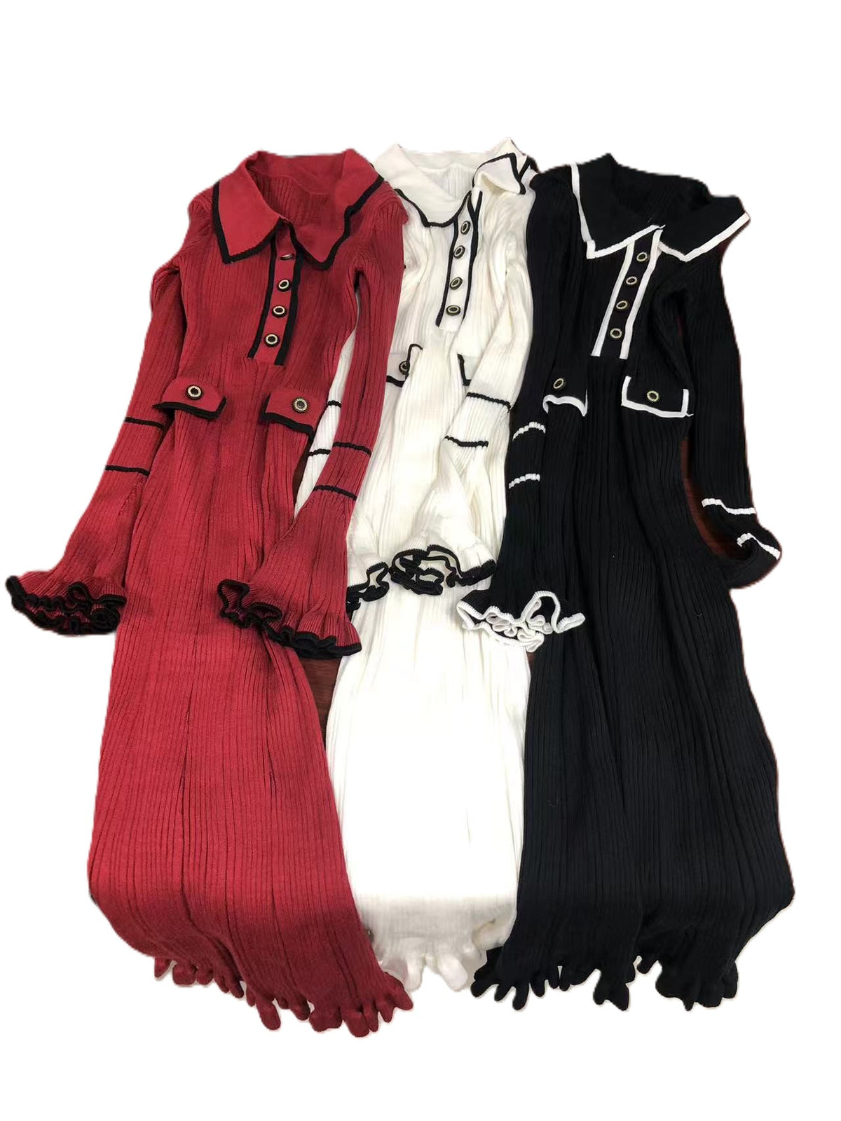 Contrast Piped Ribbed Knit Maxi Dress - Winered - 1