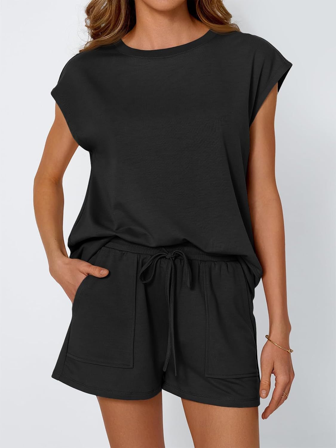 Cap Sleeve Tee Drawstring Shorts Set - Black