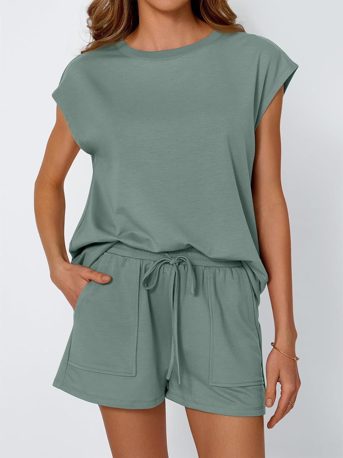 Cap Sleeve Tee Drawstring Shorts Set - Green