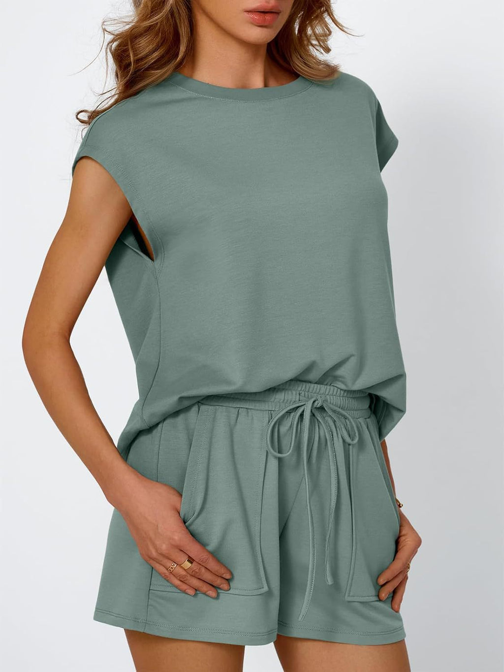 Cap Sleeve Tee Drawstring Shorts Set - Green - 1