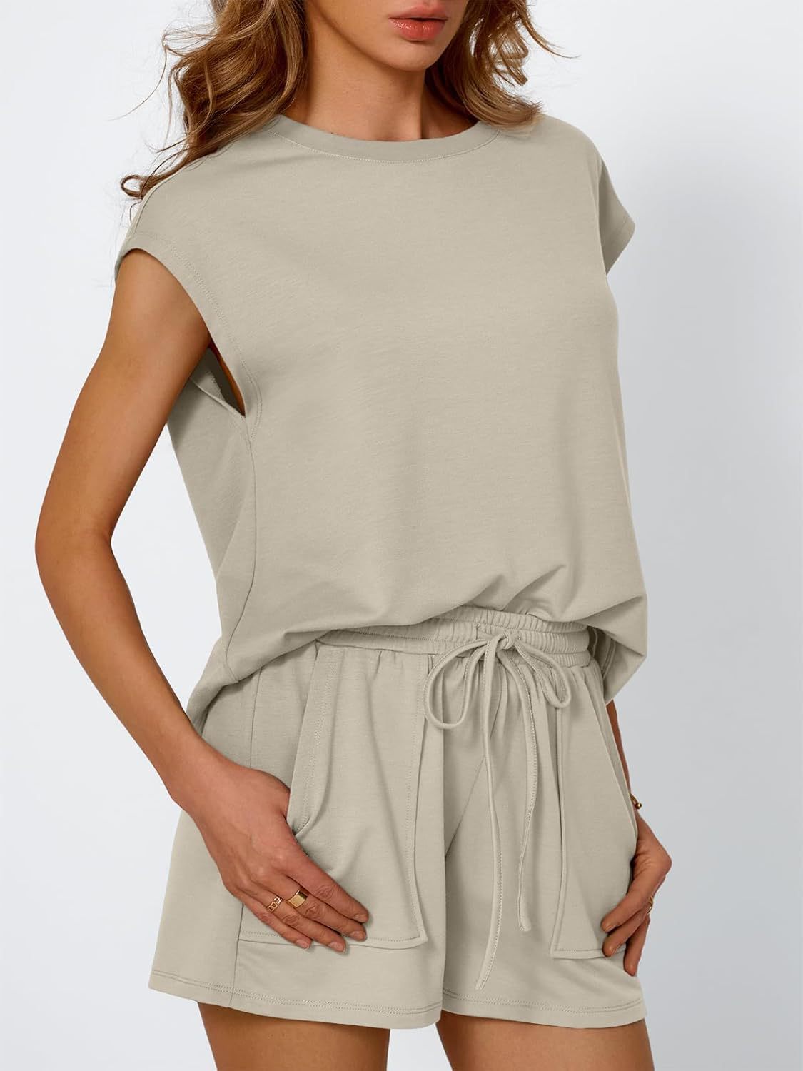 Cap Sleeve Tee Drawstring Shorts Set - Khaki - 1